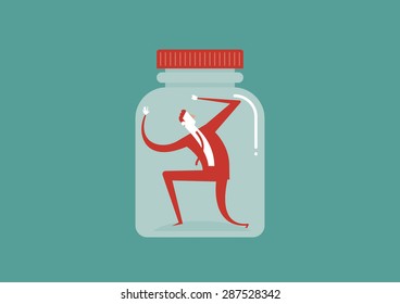 Businessman trapped in a bottle. Flat vector illustration.