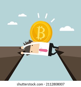 Businessman trapped in a cliff with a Bitcoin on his back. Bitcoin hold digital cryptocurrencies concept.
