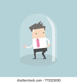 Businessman trapped in glass bulb. vector