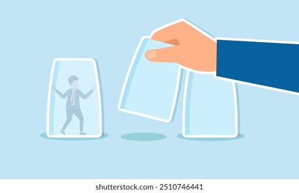 A businessman trapped in a glass jar, waiting for a business partner to free him, Illustration concept of Awaiting help from a business partner to escape a business trap