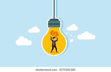 A businessman trapped inside a lamp holding a dollar sign, illustration of business ideas and innovations in managing financial aspects