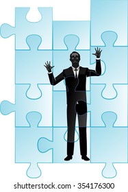 Businessman Trapped in Jig Saw Puzzle-Large glass puzzle pieces with person silhouette on the other side
