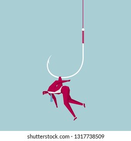 Businessman trapped on a fishing hook. Isolated on blue background.