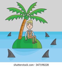 Businessman trapped on the island surrounded by water and sharks, abstract business concept, vector, illustration