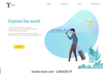 Businessman traveler at airport, holding smart phone device. Suitable for web Landing page, Hero image, Banner, Background. Promotion, Book illustration, Poster and Flyer.