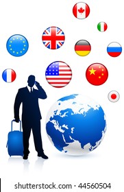 Businessman traveler with Globe and internet flag buttons Original Vector Illustration