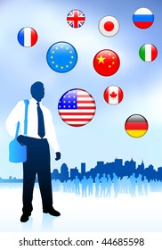 Businessman Traveler with Skyline and Internet Flag Buttons Original Vector Illustration