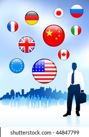Businessman Traveler with Skyline and Internet Flag Buttons Original Vector Illustration