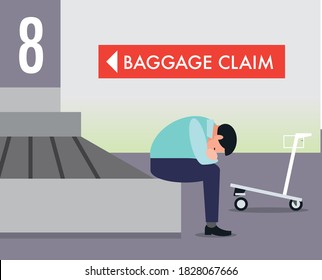 Businessman Or Traveler Waiting At Airport Baggage Claim For Luggage That Is Missing Or Lost By Airline