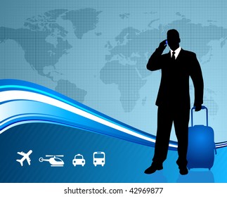 Businessman traveler with world map background Original Vector Illustration