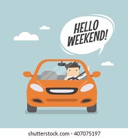 Businessman traveling by car and say Hello weekend.