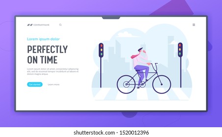 Businessman Traveling to Work by Bicycle Website Landing Page. Business Man Crossing Road by Crosswalk with Zebra Markup and Street Lights in City Web Page Banner. Cartoon Flat Vector Illustration