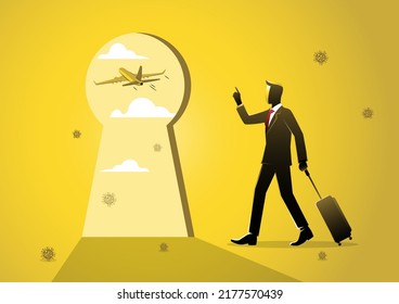 A businessman traveller with luggage walk in the airport looking at keyhole with flying airplane outside