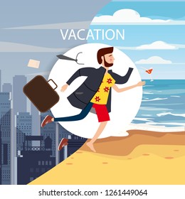 Businessman travels from winter to summer, from a gray winter city to a tropical resort, for advertising, ads, card, poster, template, cartoon style, greeting card, illustration, vector, banner