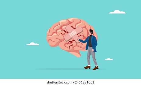 businessman treats Human Brain With Adhesive Plaster, businessman placing bandage on injury, healing or relaxation of the mind