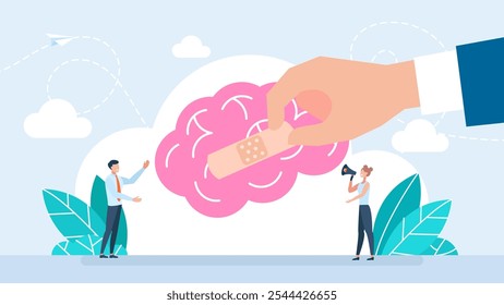 Businessman treats Human Brain With Adhesive Plaster. Human brain. Problems with mind and memory. Bruises and medical patch. Treatment of organ. Beating and trauma. Vector illustration