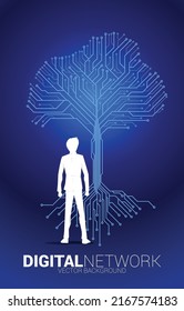 Businessman and Tree with from digital line connect dot circuit board style. Background concept for digital transformation.