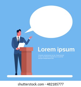 Businessman Tribune Speech Conference Meeting Business Seminar Flat Vector Illustration