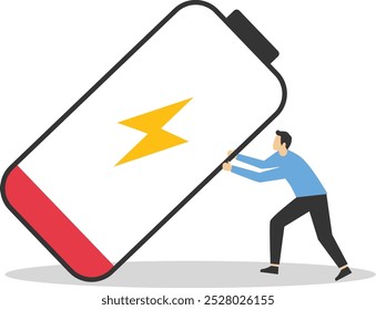 Businessman tried to prevent a large battery from falling over it. Fight burnout at work. Intolerance to burnout syndrome. Recharge energy yourself.

