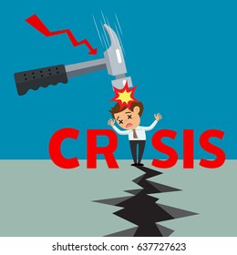 Businessman tried and stressed on word crisis, vector illustration cartoon
