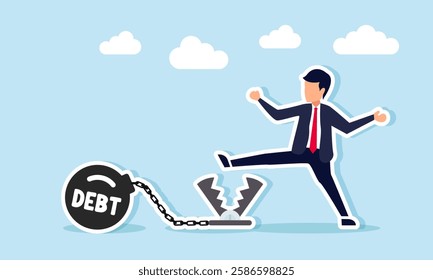 Businessman tries to avoid a serrated clamp trap connected to a weight chain labeled DEBT, illustration of escaping the DEBT trap