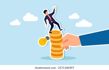 A businessman tries to balance standing on a stack of dollar coins damaged by a hand while accidentally dropping a lamp, illustration of ideas unrealized due to financial instability