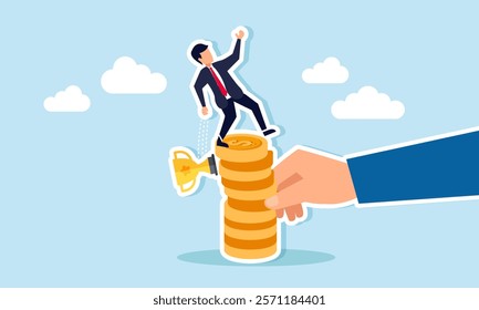 A businessman tries to balance standing on a stack of dollar coins damaged by a hand while accidentally dropping a trophy, illustration of achievements lost due to financial instability