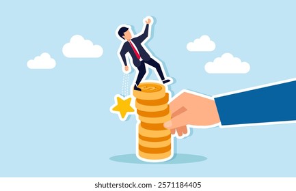 A businessman tries to balance standing on a stack of dollar coins damaged by a hand while accidentally dropping a star, illustration of quality lost due to financial instability