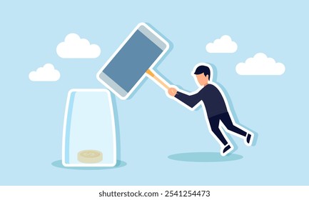 A businessman tries to break a glass covering a dollar coin with a giant hammer, illustration of reclaiming assets pawned for business purposes