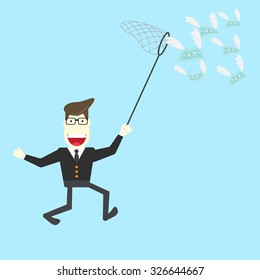 Businessman tries to capture money with net