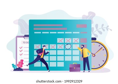 Businessman tries to catch everything by appointed time. Male character makes schedule and motivates colleague. Concept of deadline, time management. Work optimization. Flat vector illustration