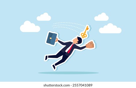 A businessman tries to catch a thrown key using a baseball glove, illustration of the effort to find solutions to business problems