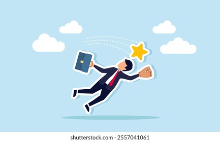 A businessman tries to catch a thrown star using a baseball glove, illustration of the effort to improve business quality rating