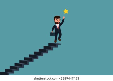 A businessman tries to climb the ladder to grab the star of success. A man who expects business success. The concept of success or achieving business goals. Rewards and Incentives. Vector illustration