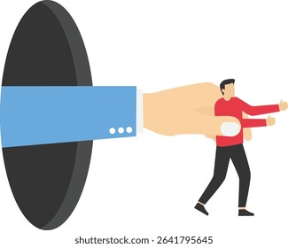 Businessman tries to get out of a comfort zone but is held back by hands stock illustration

