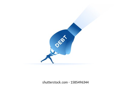 Businessman tries hard to escape with debt. Business work concept illustration about debt and credit. Vector illustration of a flat design