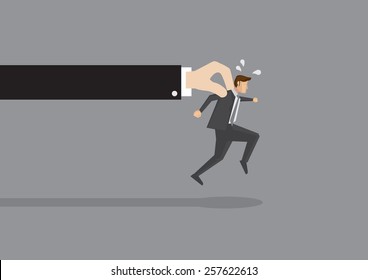 Businessman tries hard to run but a huge hand holds him back. Conceptual vector illustration for getting caught or trying to break free from greater force.