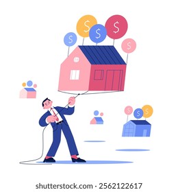 A businessman tries to hold up a flying house that is tied to balloons. Rising real estate prices. Rising interest on home mortgages. Economic crisis. Vector illustration.
