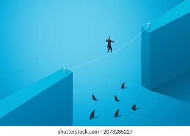 A businessman tries to keep a balancer on the rope between the gaps above the sharks in the sea. Challenges on obstacles to overcome business crises. isometric vector illustration.