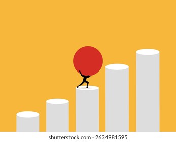 Businessman tries to lift a burden of rocks at the level of growth chart