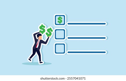 A businessman tries to mark a dollar sign on a checklist box, illustration of marking success in gaining profit from a list of several business projects