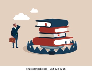 Businessman tries to pick up a book in a bear trap. Online courses, distance studying, self education, digital library. Flat vector illustration