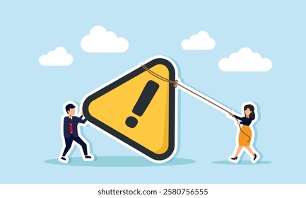 Businessman tries to push a caution sign while businesswoman pulls it with a rope, illustration of teamwork in handling important and urgent tasks