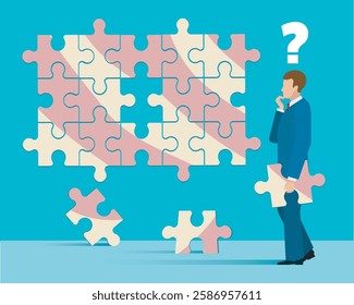 Businessman tries to put together puzzle. Idea scheme combination concept isolated vector illustration