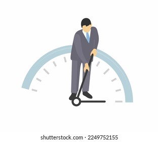 Businessman tries to stop time and pulls the clock hand back illustration. Business time startegy vector design. Effective time management graphic design
