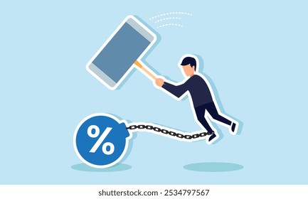 A businessman tries to strike a weight labeled percentage binding his legs with a giant hammer, illustrating the payout of profit sharing to shareholders