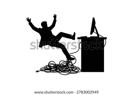 Businessman tripping over tangled cables near computer desk black and white silhouette Art - Office accident concept with worker falling because of messy electrical cords illustration