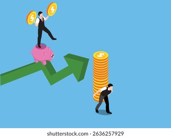 businessman triumphantly stands on a piggy bank atop a rising green arrow, holding coins, while another struggles with a stack of coins isometric 3d vector illustration