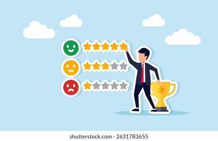 Businessman with trophy arranging five stars on review list illustration of good quality standards for becoming a leading company