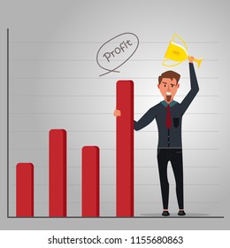Businessman with trophy and bar graph, showing way to profit and success.